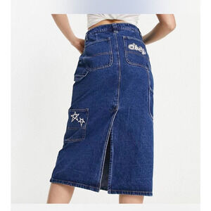 NEW Obey Juniper Midi Denim Stonewash Indigo High Rise Pockets Jean Skirt Sz 32